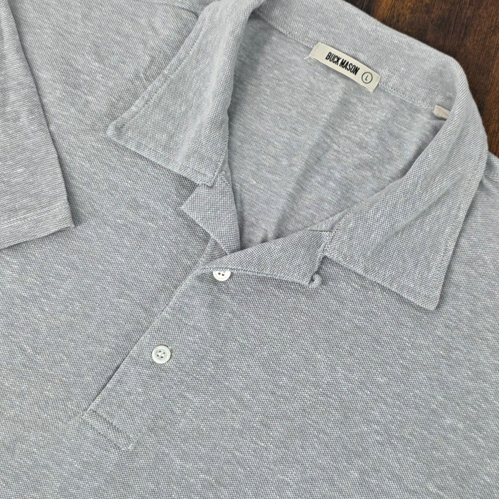 Buck Mason Cotton Linen Pique Polo Mens Large Grey Short Sleeve Camp Collar